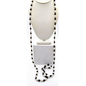 Vintage Super Long Strand of Black and White Beads with Gold Tone Spacers, Flapp